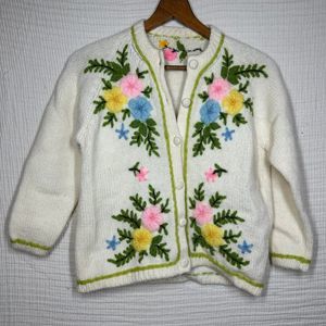 Vintage 1970's Flower Knit Womens Cardigan Knit Button Up Sweater Wool Blend